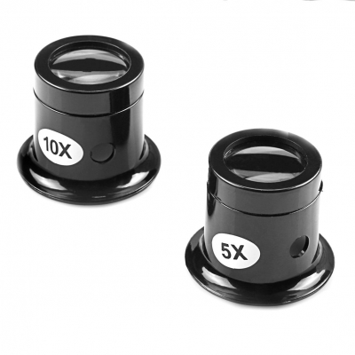 2 stuks oogklemloupen, 1 loupe 5x en 1 loupe 10 x.