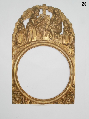 Antieke feuille, religieuze voorstelling (biddend gezin)