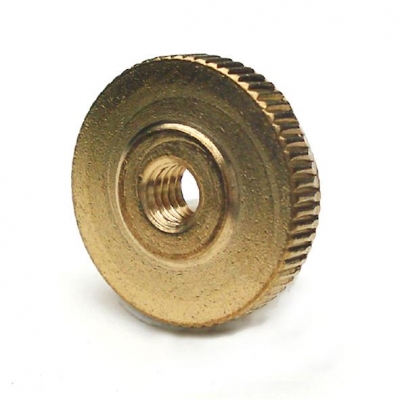 Gekartelde moer - MESSING voor vouw-, banjo- of harpslinger Ø 12 mm.